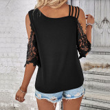 Contrast Guipure Lace Cold Shoulder Tee