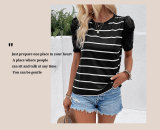 Striped Contrast Lace Puff Sleeve Tee