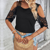 Contrast Guipure Lace Cold Shoulder Tee