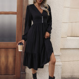 Solid Button Front A-line Dress