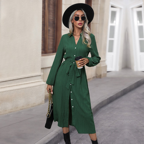 Solid Button Front Belted Shirt Dress