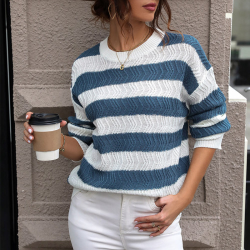Autumn/ Winter Women's Tops Striped Contrasting Color Kitted Sweater