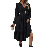 Solid Button Front A-line Dress