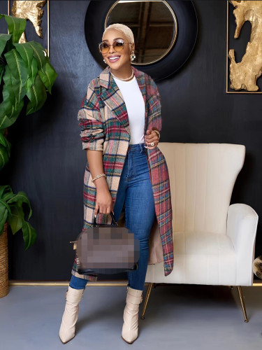 Casual Plaid Patchwork Turn-Back Collar Outerwear