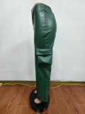College Solid Patchwork Pocket Regular Mid Waist Straight Solid Color PU Bottoms