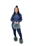Casual Solid Patchwork O Neck Long Sleeve Two Pieces Knitted Diamond Twist Pullover Sweater Set