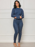 Casual Solid Patchwork O Neck Long Sleeve Two Pieces Knitted Diamond Twist Pullover Sweater Set