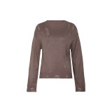 Solid Color O Neck Hollow Pullover Sweater