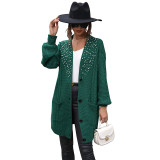 Knitted Jacket Mid-length Beaded Sweater Open Front Cardigan