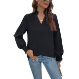 Solid Color Woven V-neck Women's Shirt for Office Work Daily Life