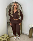 2023 Fleece Cropped Zip Up Hooded Tracksuit Pant Set