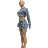 Fashion Denim Washed Women's Set Long Sleve Crop Jacket and Mini Skirts 2023 INS Jeans Two 2 Piece Sets Outfits