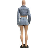 Fashion Denim Washed Women's Set Long Sleve Crop Jacket and Mini Skirts 2023 INS Jeans Two 2 Piece Sets Outfits