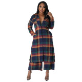 Women Plaid Long Sleeve Slit Side Maxi Long Shirt Top and Wide Leg Straight Pants Suit 2023 Two 2 Piece Set Outfits