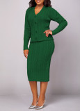 Solid Color Long Sleeve Button Top and Skirt
