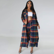 Women Plaid Long Sleeve Slit Side Maxi Long Shirt Top and Wide Leg Straight Pants Suit 2023 Two 2 Piece Set Outfits