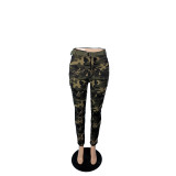 Vintaeg Camouflage Printed Trousers Jeans Women Fashion High Waist with Belt Skinny Long Pants Y2K