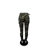 Vintaeg Camouflage Printed Trousers Jeans Women Fashion High Waist with Belt Skinny Long Pants Y2K