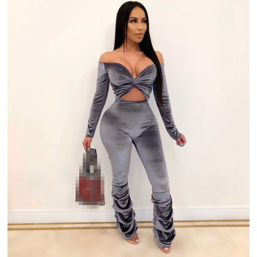 Women Long Sleeve Sexy Off Shoulder Bodycon Clubwear Velvet Playsuit 2023 Autumn Winter Hollow Out Ruched Jumpsuit