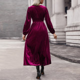 Solid Color V Neck Velvet Knitted Long Dress