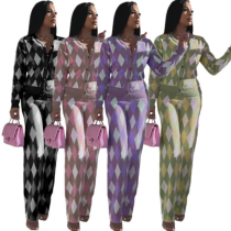 Womens Argyle Pattern Knitted Outfits Long Sleeve Cardigan Pants Set 2 Pcs S-4XL