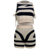 Knitted Sweater Stripe 2 Two Piece Short Pant Set Bodycon Sleeveless Crop Top Shorts Set