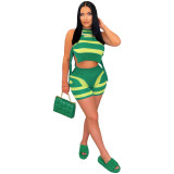 Knitted Sweater Stripe 2 Two Piece Short Pant Set Bodycon Sleeveless Crop Top Shorts Set