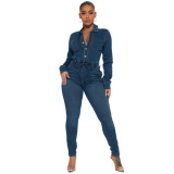Long Sleeve Denim Jumpsuit Women 2023 Single-breasted Turn Down Collar Overalls