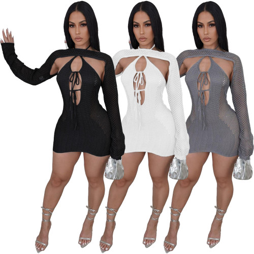 Knitting Birthday Bodycon Midi Halter Neck Tie Up Dress with Cover-ups 2 Piece Sets