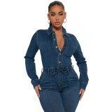 Long Sleeve Denim Jumpsuit Women 2023 Single-breasted Turn Down Collar Overalls