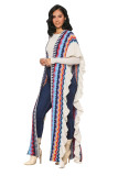Women Half Sleeve Open Side Split Sweater Shawl Coat Colorful Striped Ruffles Jacquard Knitted Long Cardigans