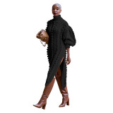 Fashion Turtleneck Lantern Long Sleeve Side Split Slim Maxi Sweaters Pullovers Dresses