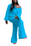Knit Women's Set Long Sleeve V-neck Tracksuit Sweater and Wide Leg Straight Pants