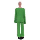 Knit Women's Set Long Sleeve V-neck Tracksuit Sweater and Wide Leg Straight Pants