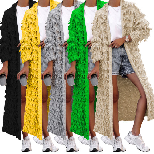 Women Knit Ribbed Tassel Long Sleeve Open Stitch Maxi Slim Cardigan Sweater Winter 2023 Oversized Jumpers Outcoat