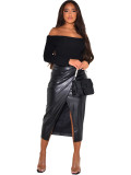 Solid Color High Waist Pleated Irregular Slit Midi Skirt