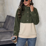 2023 Comfy Color Block Womens Ladies Button Collar Fleece Long Sleeve Sweatshirts