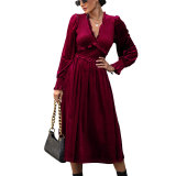 Wine Red Lantern Long Sleeve V Neck Velvet Mid Dress
