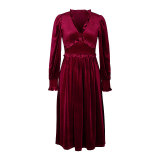Wine Red Lantern Long Sleeve V Neck Velvet Mid Dress