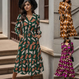 Autumn Long Sleeve Print Elegant V-neck A-Line High Waist Fashion Dress