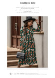 Autumn Long Sleeve Print Elegant V-neck A-Line High Waist Fashion Dress