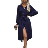 Solid Button Front Belted Shirt Dress