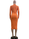 Solid Color Orange Polo Neck Slit Midi Dresses