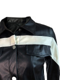 Autumn Pu Leather Two Piece Long Sleeve Patchwork Crop Top + High Waist Pants