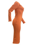 Solid Color Orange Polo Neck Slit Midi Dresses