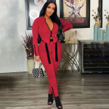 Solid Patchwork Bandage Zipper Collar Long Sleeve Two Pieces Outfits