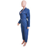 Notched Lapel Women's Denim Jean Long Sleeve Sexy V Neck Jumpsuit Rompers