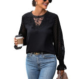 Lace Splicing Top Long Sleeve See Through Pullover Shirt