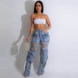 2023 Ripped Jeans Women 90s High Waist Straight Y2k Washed Denim Trousers