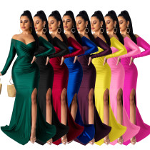 Solid Color Off Shoulder V Neck Split Evening Party Dresses